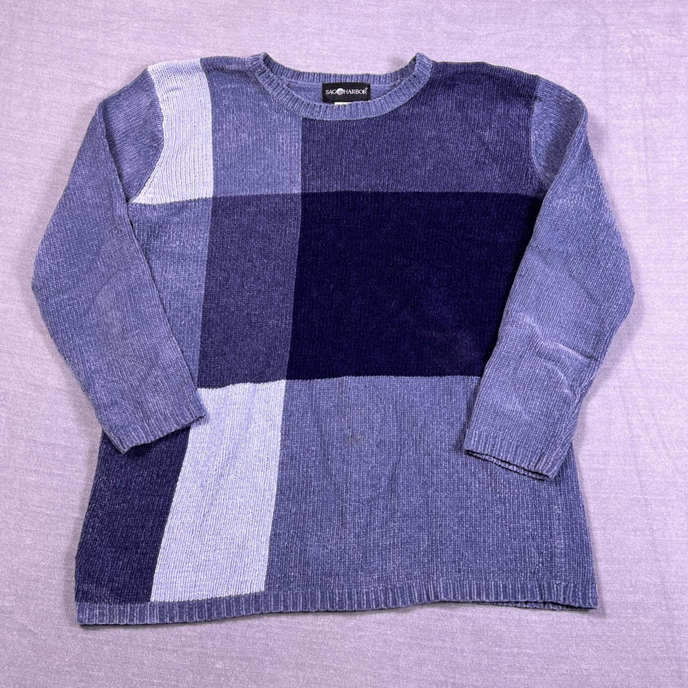 Vintage Sag‎ Harbor Mens Blue Colorblock Chenille Knit Sweater Small